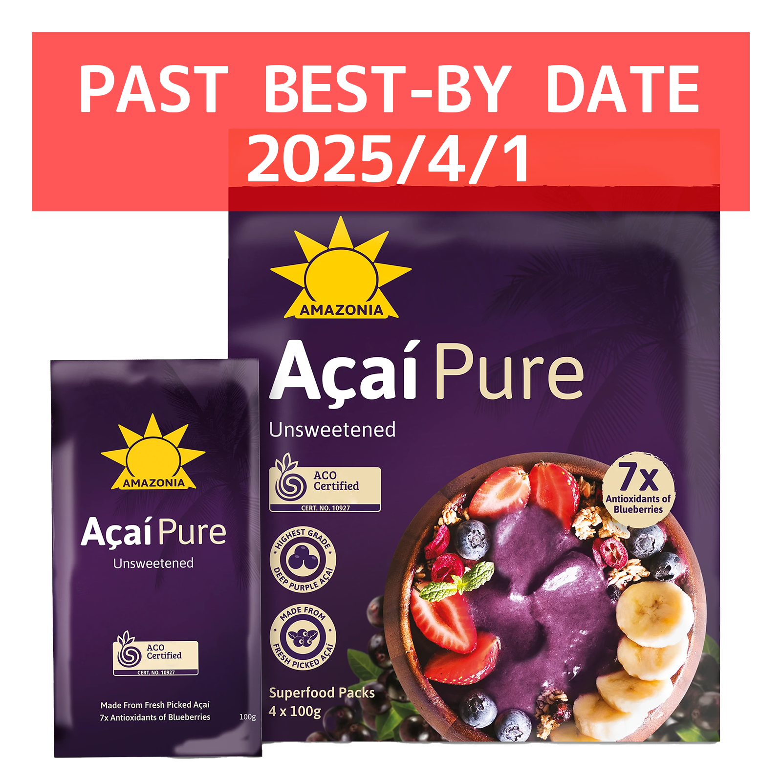50% OFF Sale! (Past Best By: April 1st, 2025) Organic All-Natural Frozen Açaí Puree B-Grade (100g x 4) - Horizon Farms