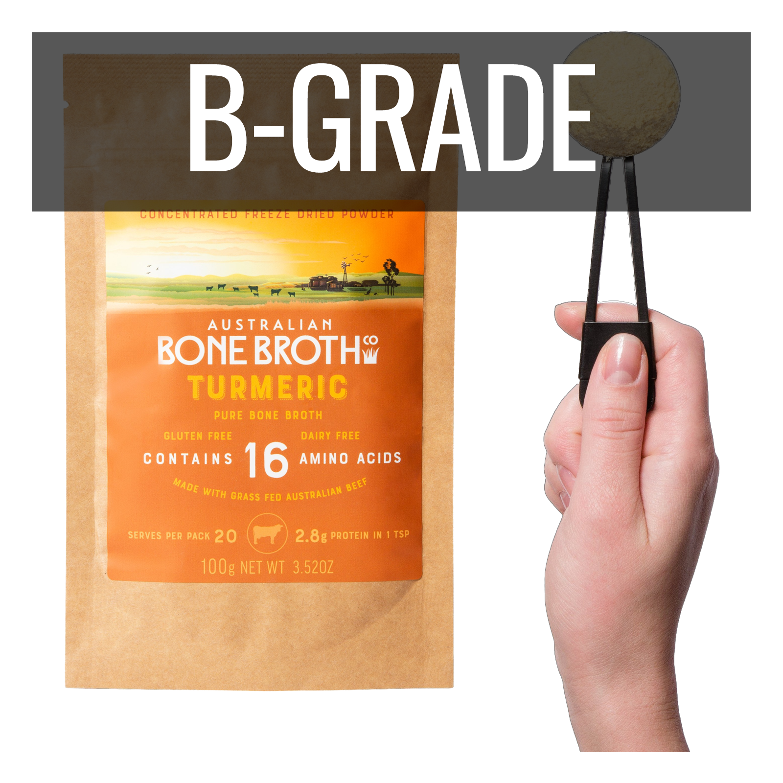 All-Natural Grass-Fed Beef Bone Broth Powder with Turmeric B-Grade (100g/20 Servings) Best By: September 1st, 2026