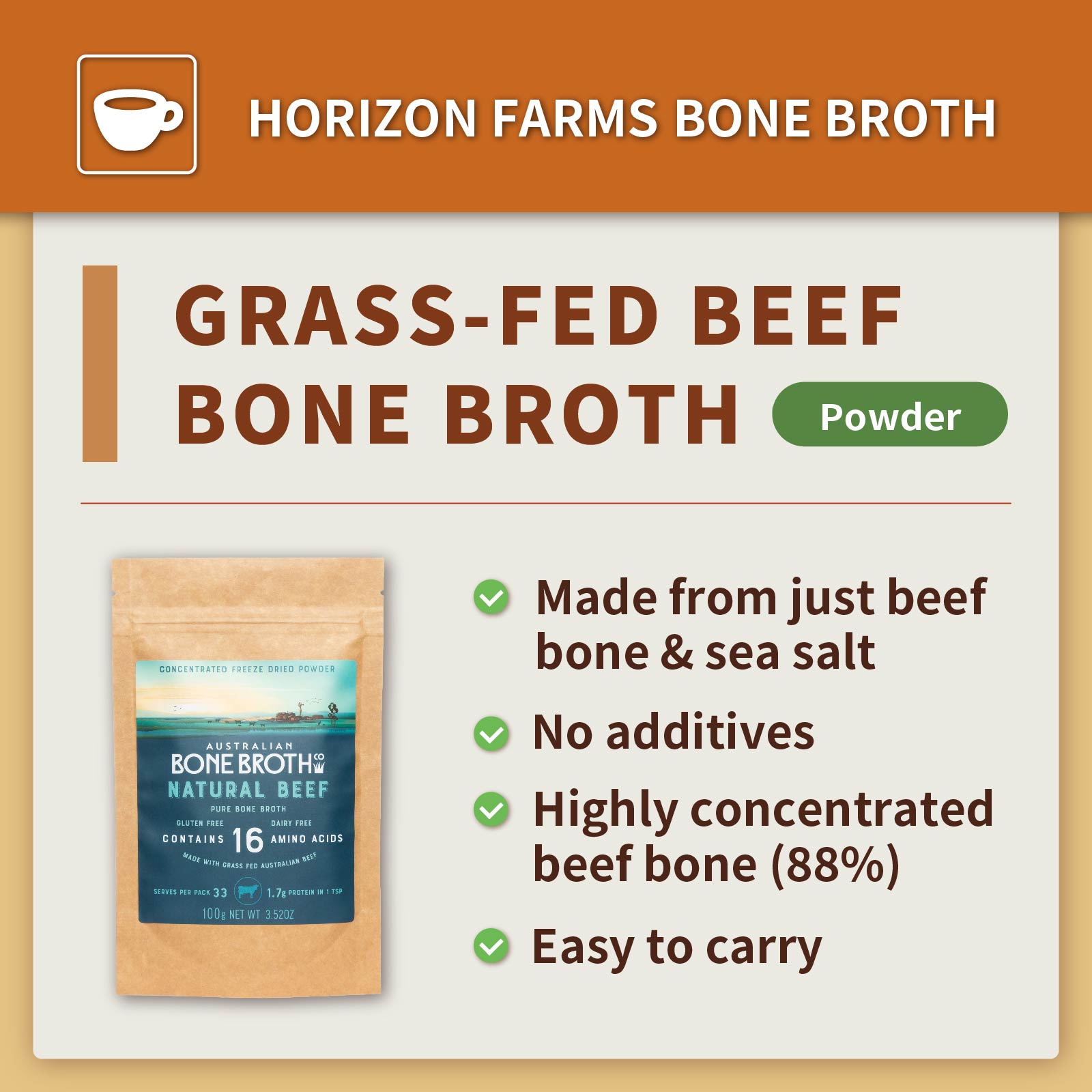 All-Natural Grass-Fed Beef Bone Broth Powder (100g/30 Servings) - Horizon Farms