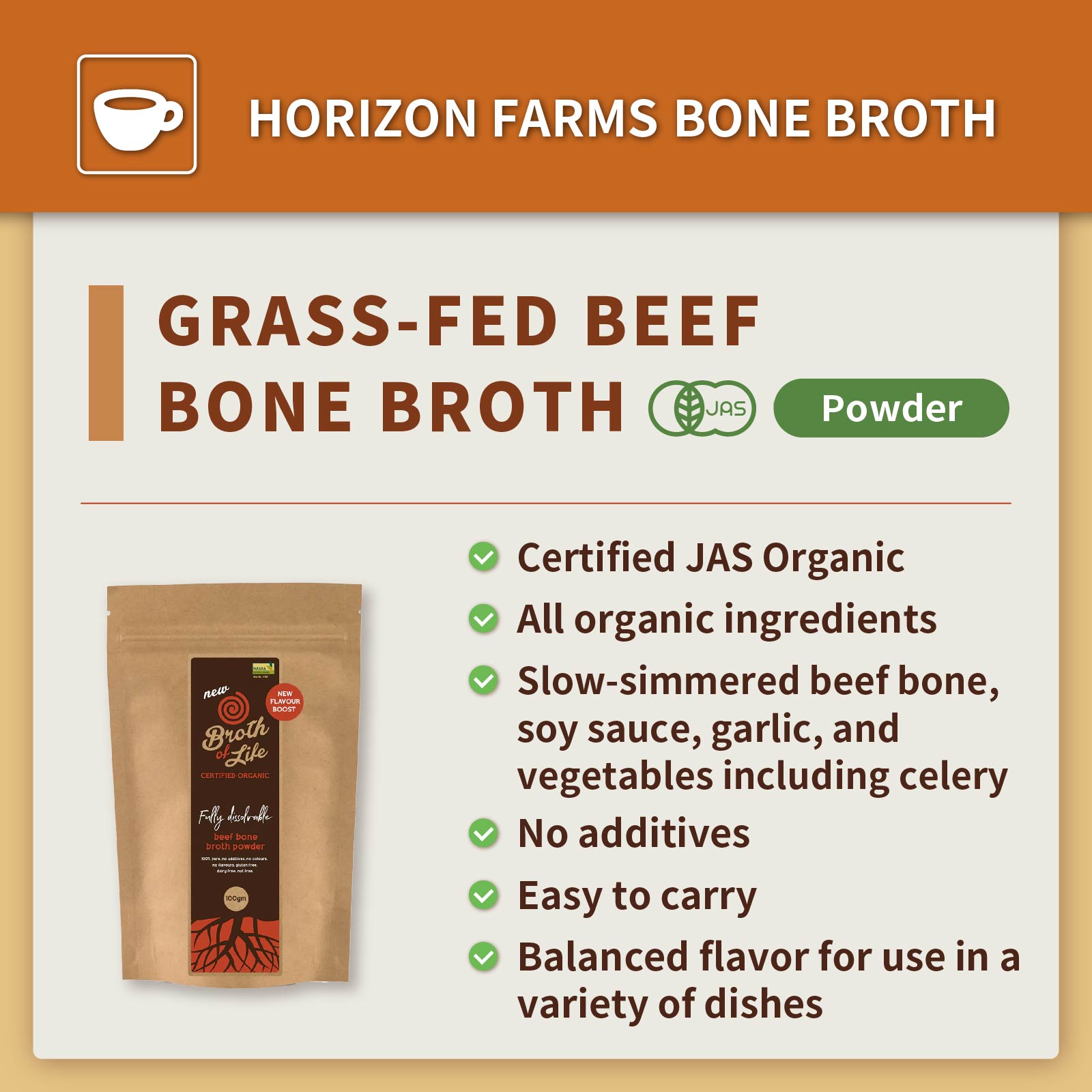 Certified Organic Grass-Fed Beef Bone Broth Powder (100g/20 Servings) - Horizon Farms