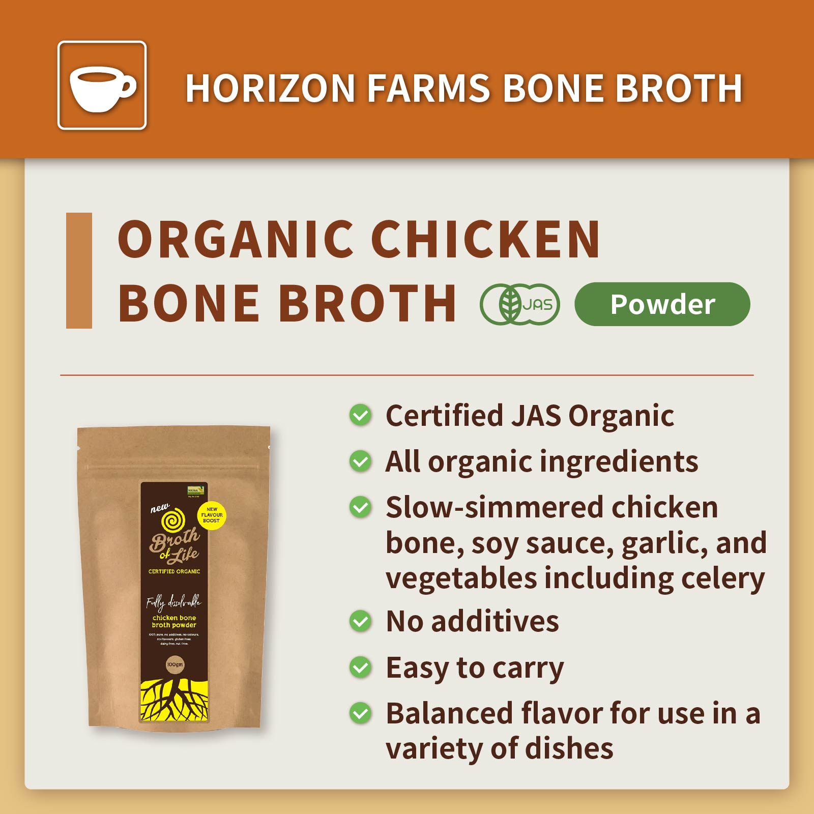 Certified Organic Free-Range Chicken Bone Broth Powder (100g/20 Servings) - Horizon Farms