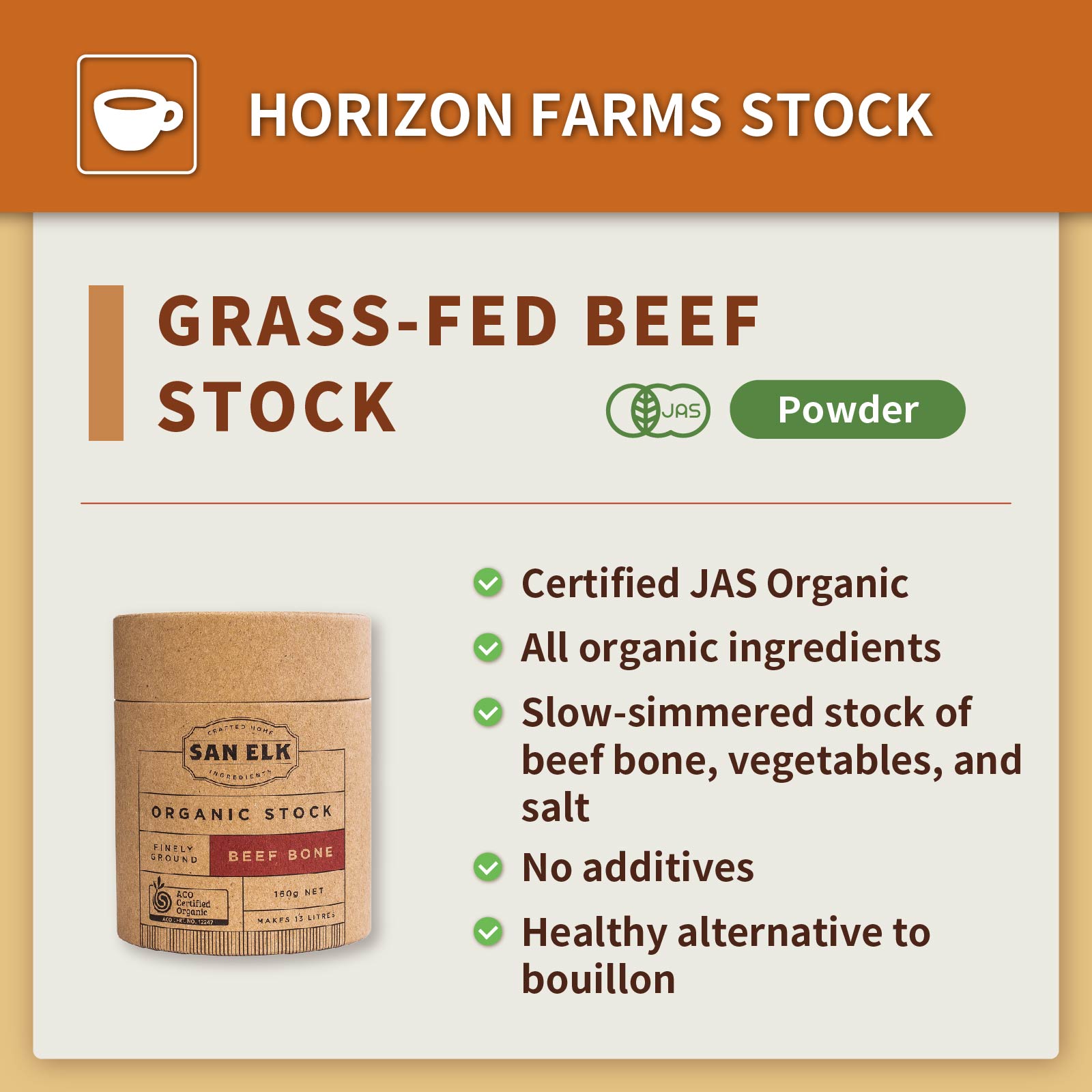 Certified Organic Grass-Fed Beef Bone Stock Powder from Australia (160g) - Horizon Farms