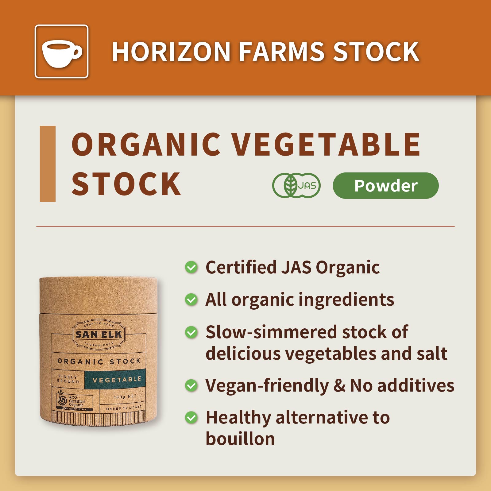 Certified Organic Vegetable Stock Powder from Australia (160g) - Horizon Farms