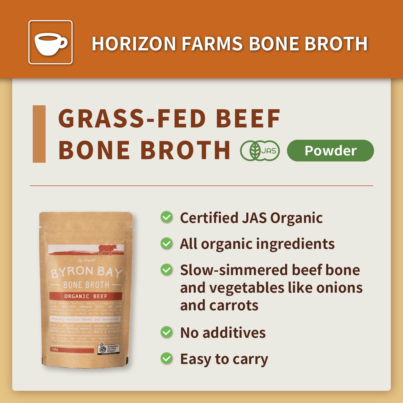 Certified Organic Grass-Fed Beef Bone & Vegetable Broth Powder (100g/14 Servings) - Horizon Farms