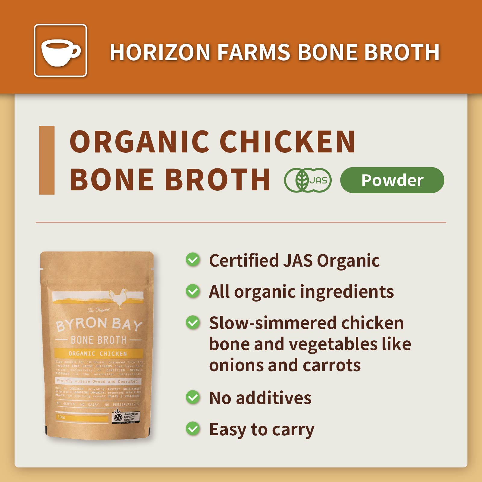 Certified Organic Chicken Bone & Vegetable Broth Powder (100g/14 Servings) - Horizon Farms