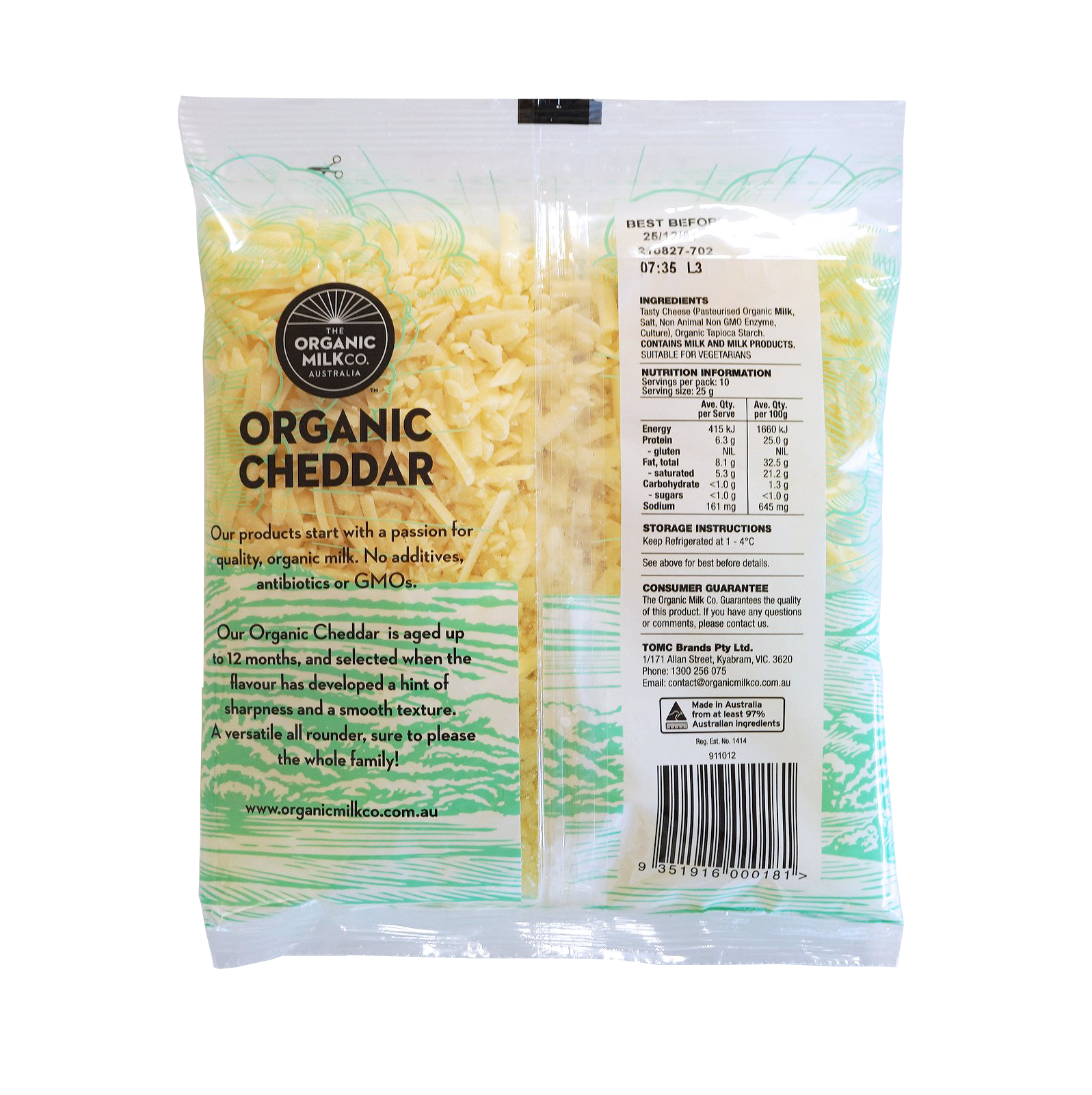 Certified Organic Grass-Fed Shredded Cheddar Cheese (250g) - Horizon Farms