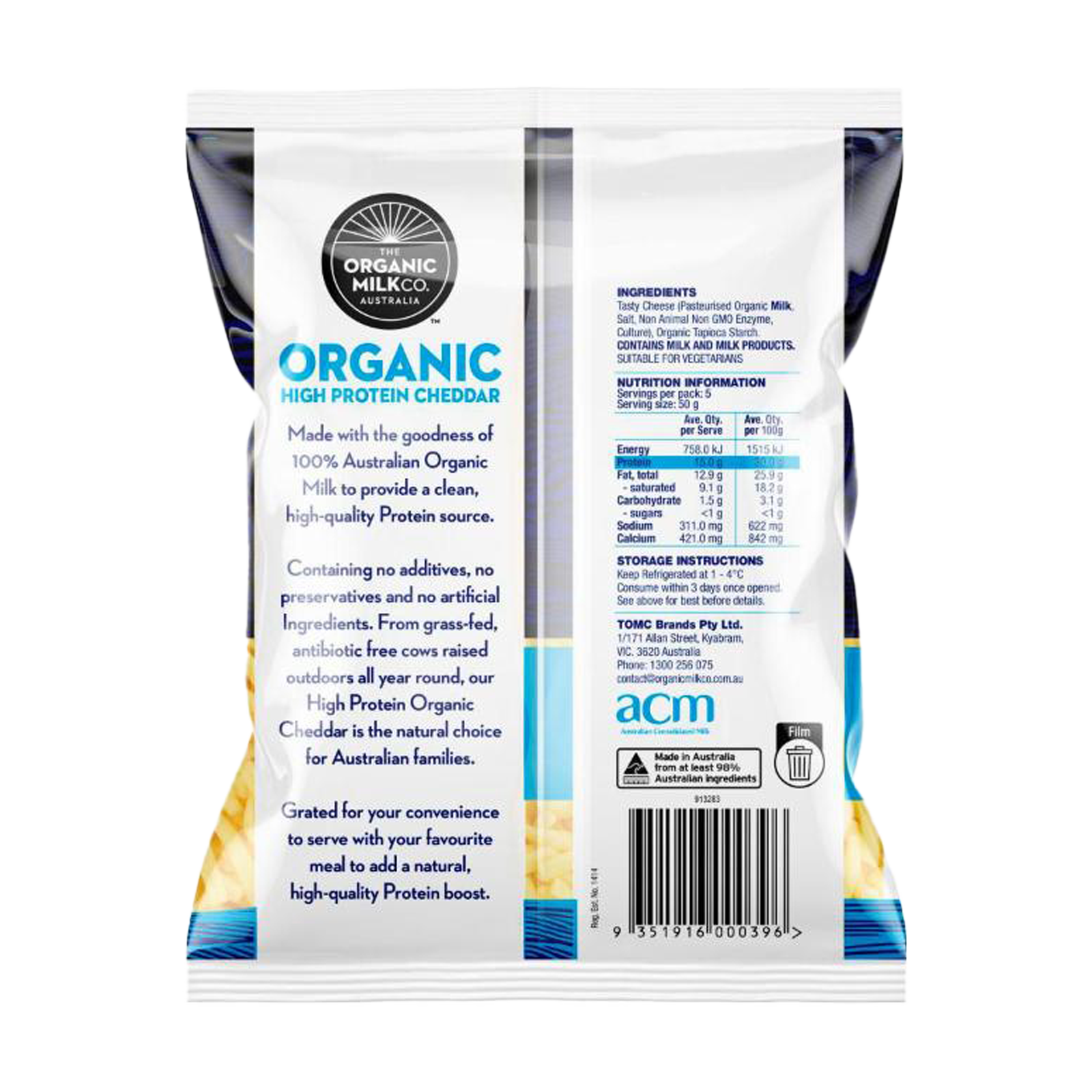 High-Protein Organic Grass-Fed Shredded Cheddar Cheese (250g) - Horizon Farms