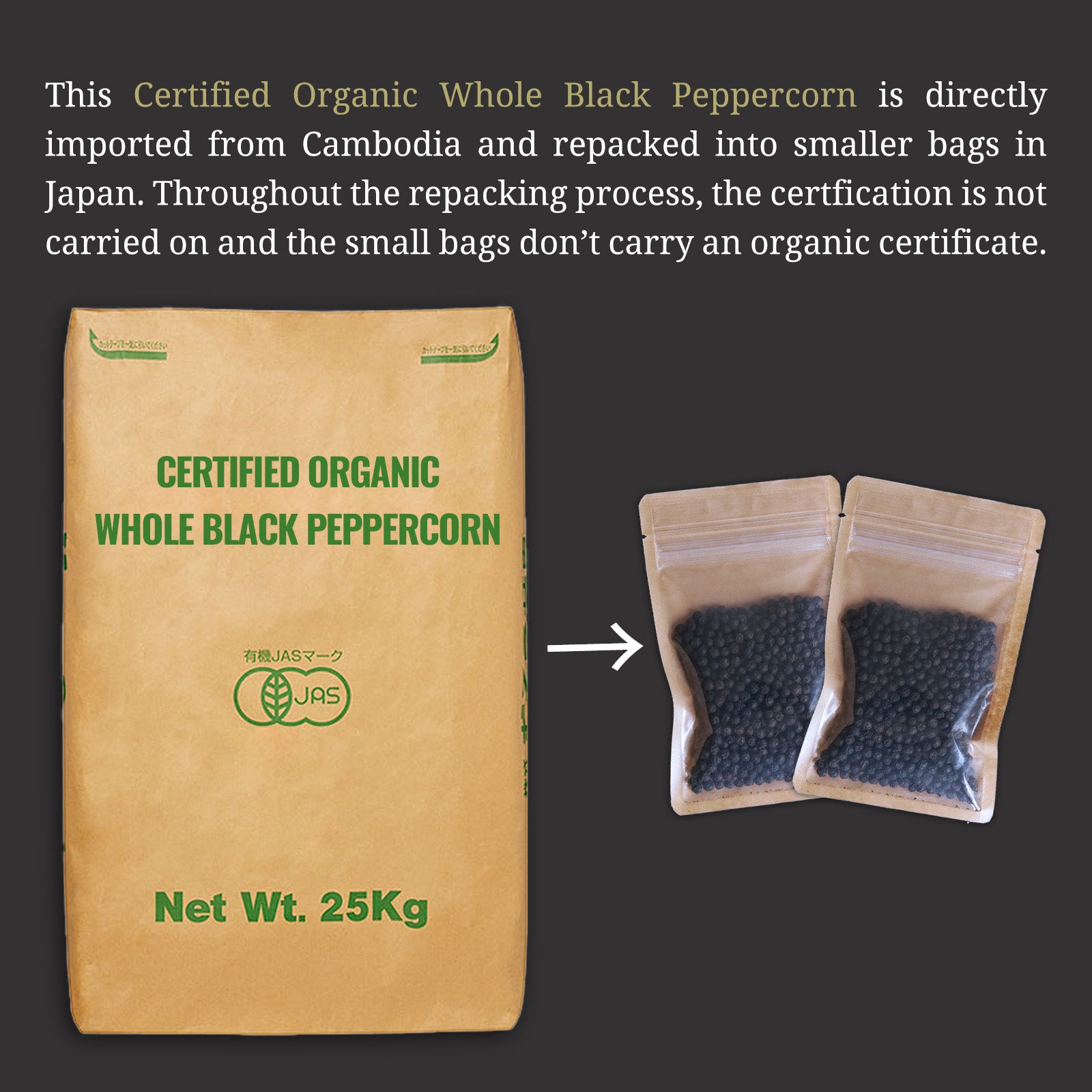 Certified Organic Whole Black Peppercorn from Cambodia (50g x 2) - Horizon Farms