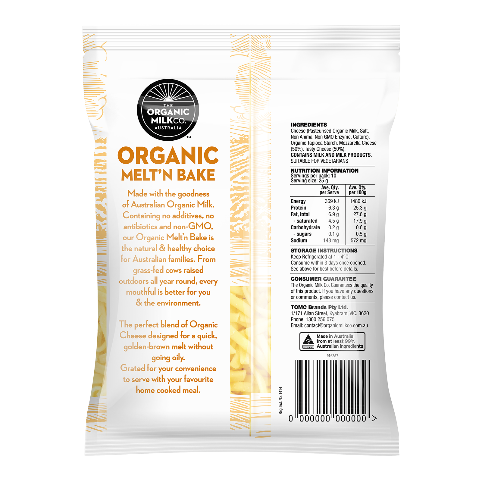 Certified Organic Grass-Fed Shredded Melt N Bake Cheese Mix (250g) - Horizon Farms