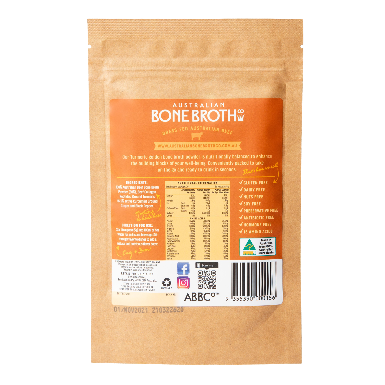 All-Natural Grass-Fed Beef Bone Broth Powder with Turmeric (100g/20 Servings) - Horizon Farms