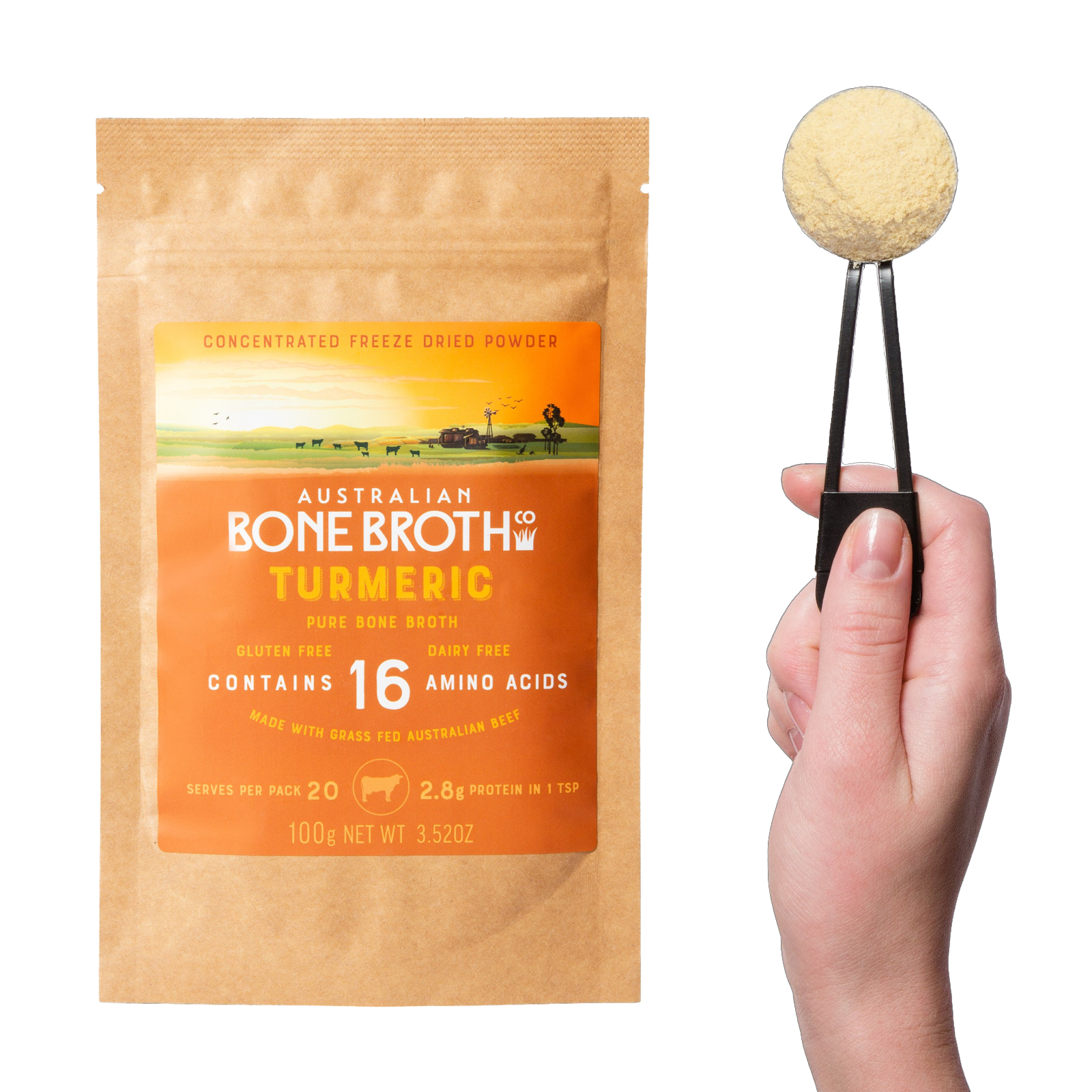 All-Natural Grass-Fed Beef Bone Broth Powder with Turmeric (100g/20 Servings) - Horizon Farms