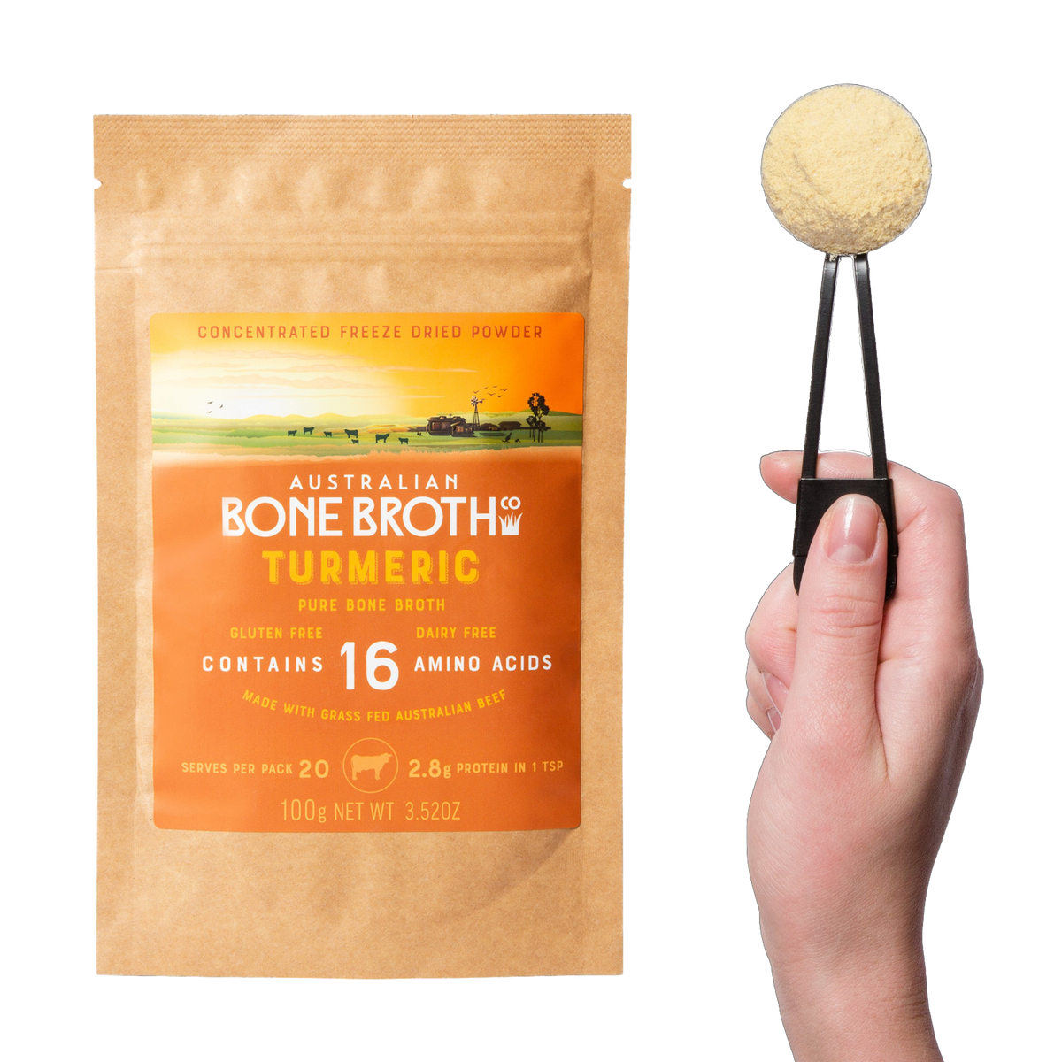 All-Natural Grass-Fed Beef Bone Broth Powder with Turmeric (100g/20 Servings) - Horizon Farms